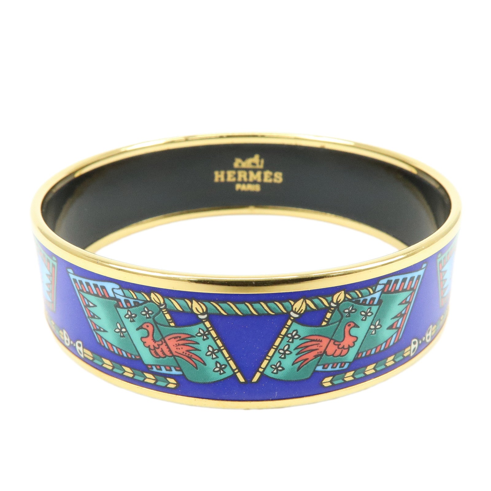 HERMES Email GM Gold Plated Bangle Bracelet Blue Multicolor