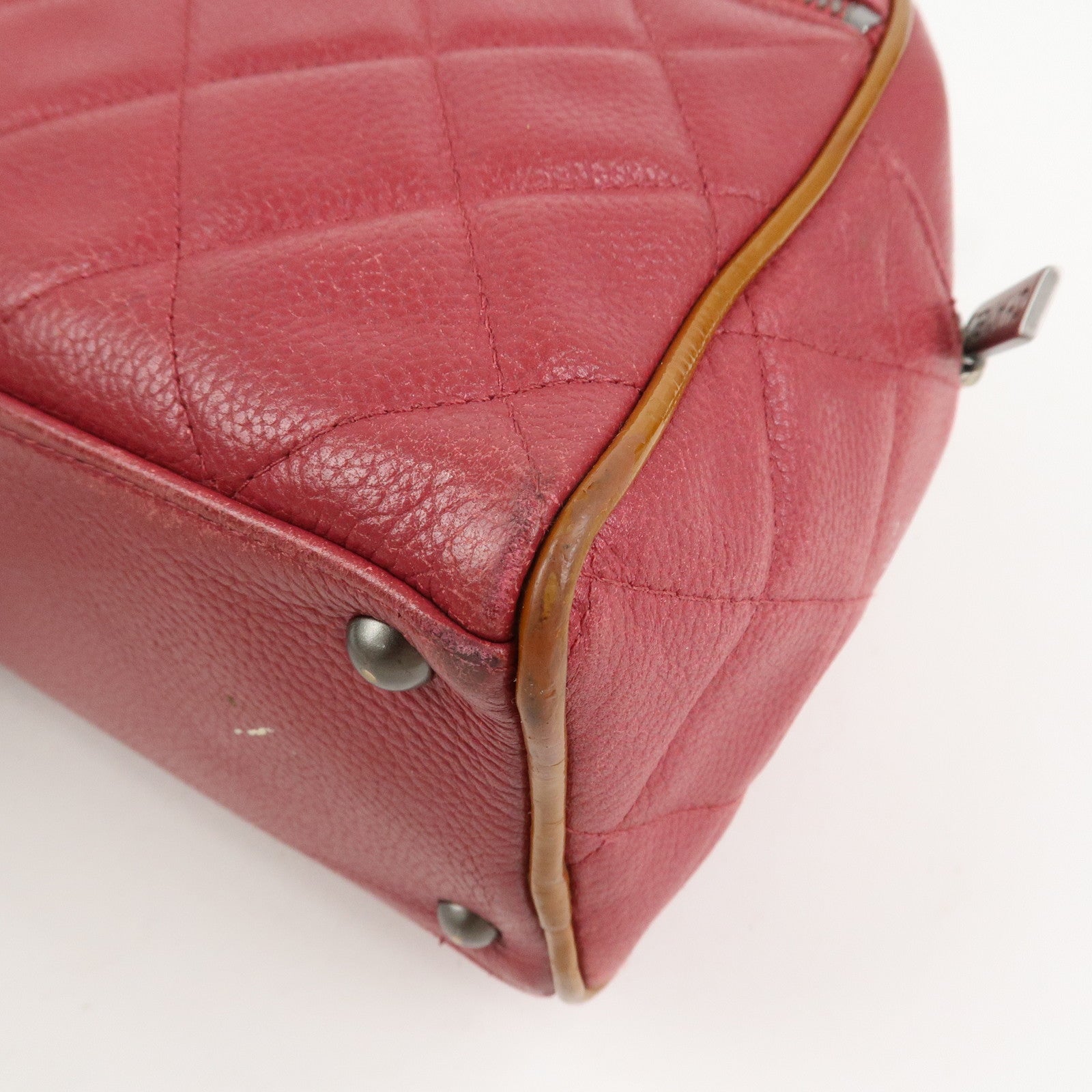 CHANEL Matelasse Leather Patent Leather Mini Boston Bag Pink Brown