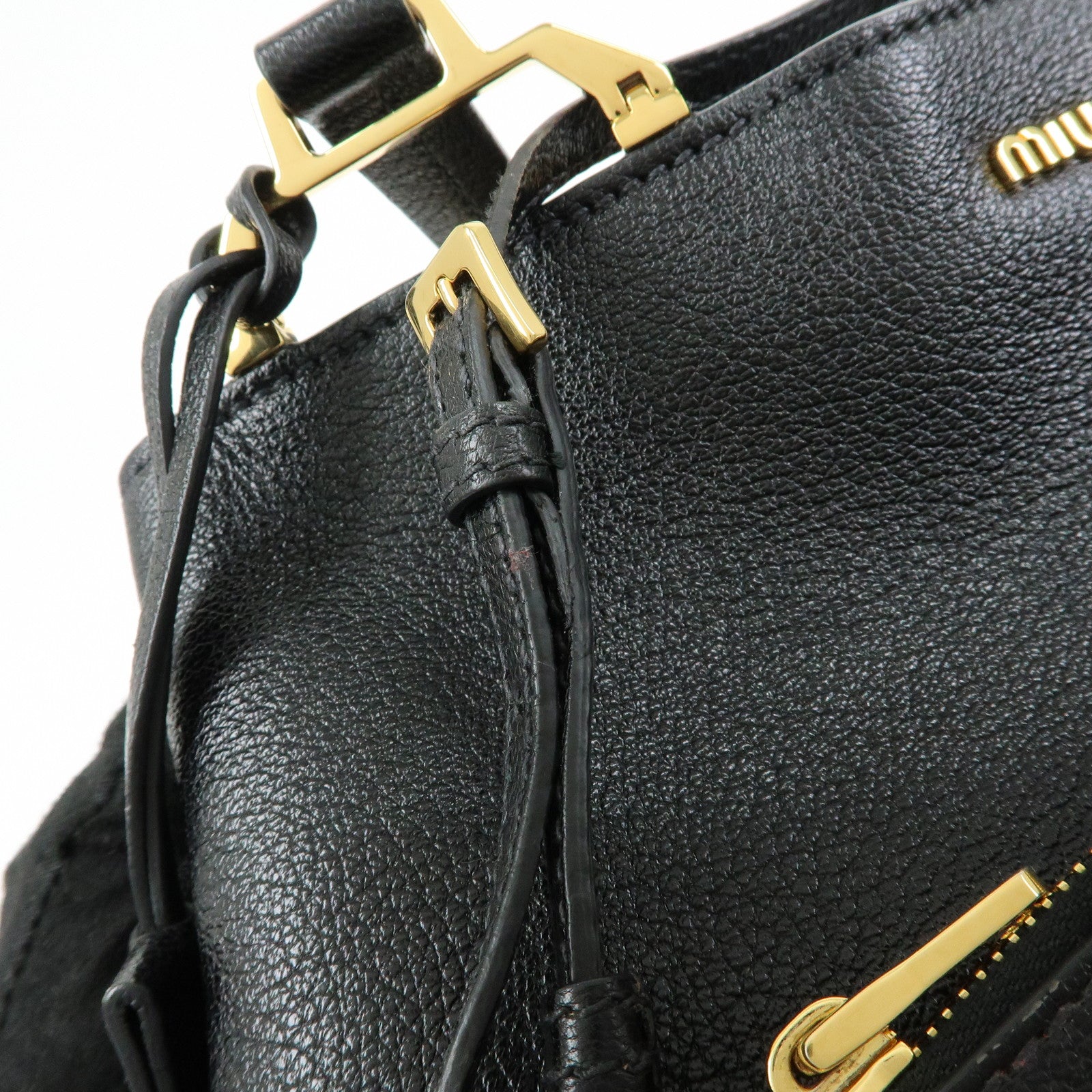 MIU MIU Logo Madras Leather Tote Bag Shoulder Bag Hand Bag Black