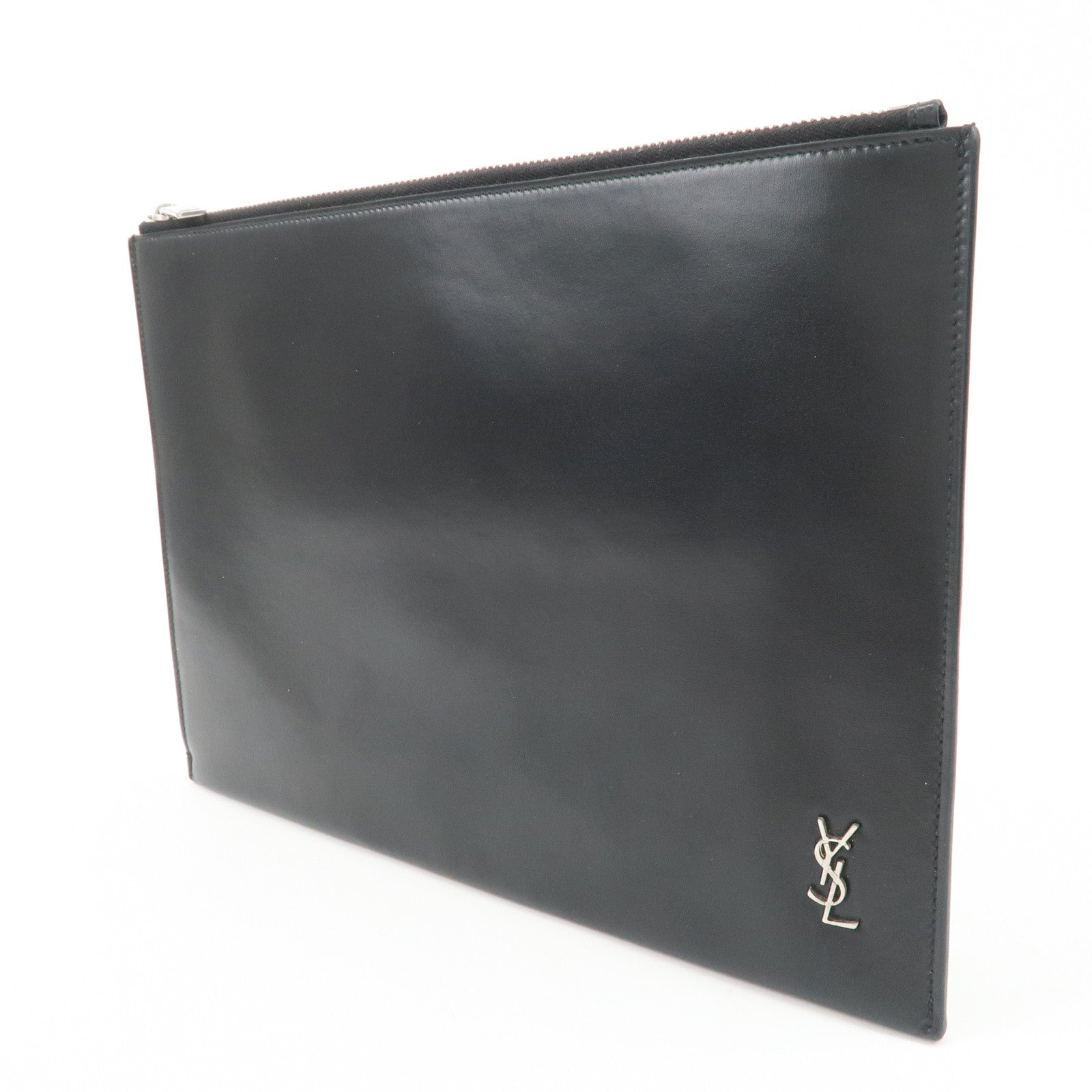 SAINT LAURENT Logo Leather Clutch Bag Black Silver HDW 607779
