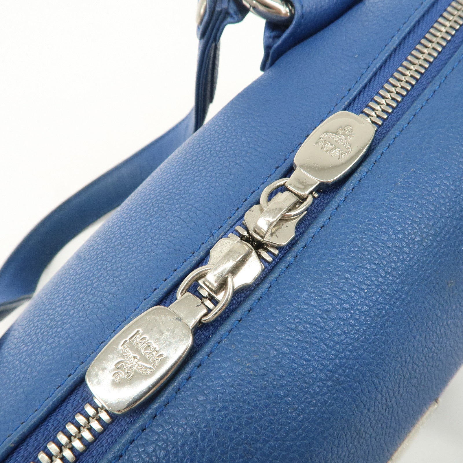MCM Logo Leather Hand Bag Silver Studs Blue