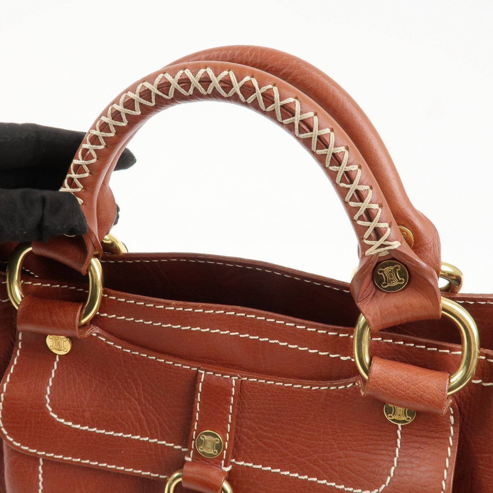 CELINE Leather Boogie Bag Hand Bag Brown Gold HDW Used