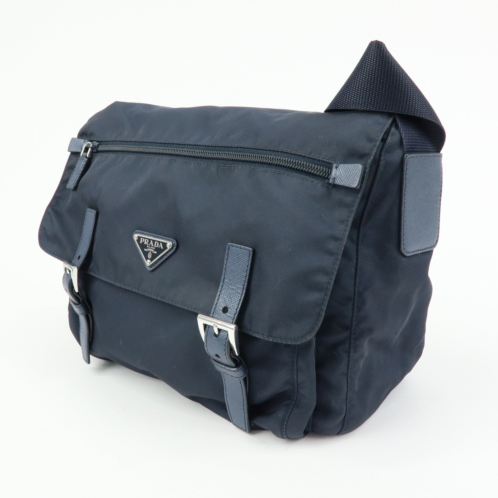 PRADA Triangle Logo Nylon Saffiano Leather Shoulder Bag Navy