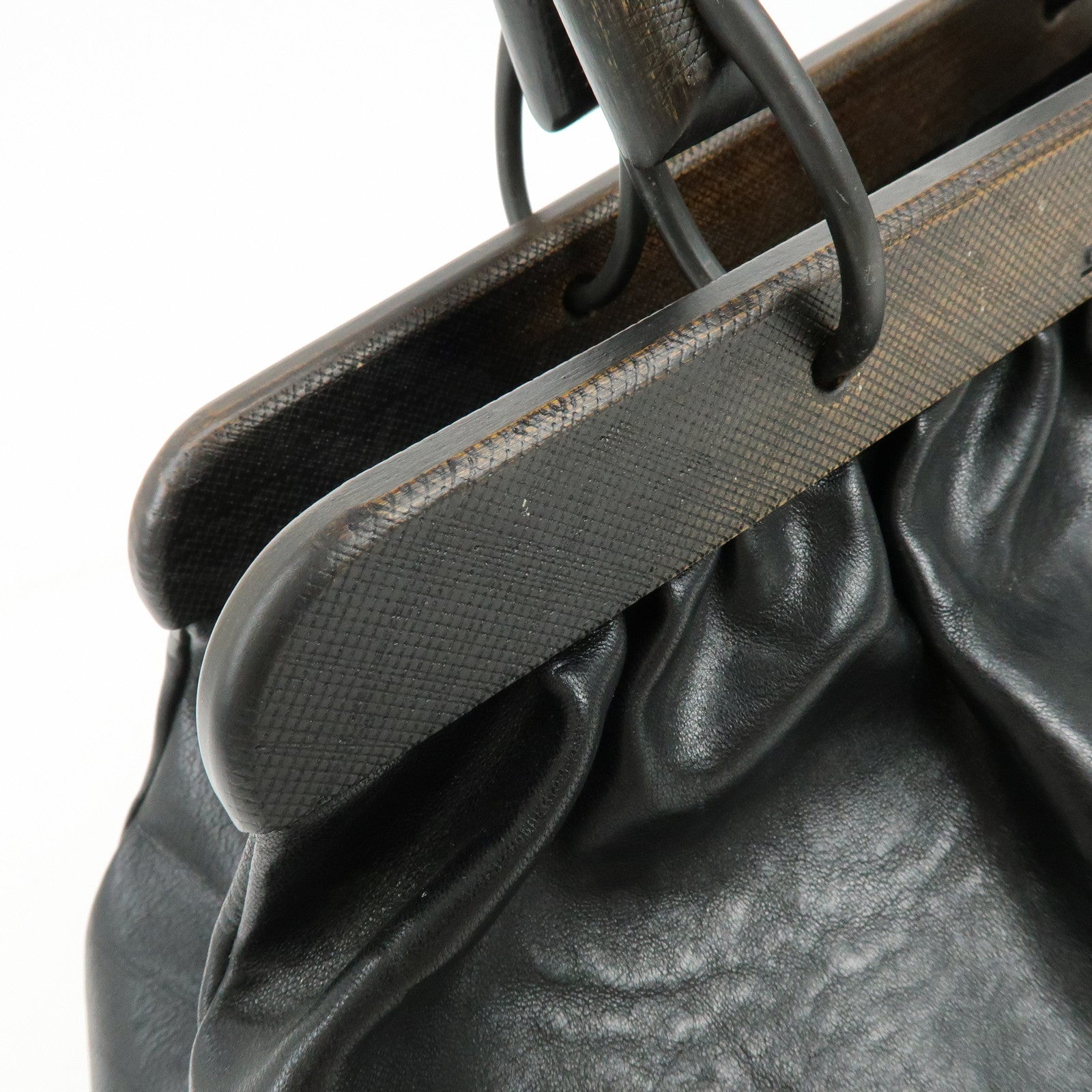 GUCCI Leather Wood Hand Bag Doctor Bag Black 105377