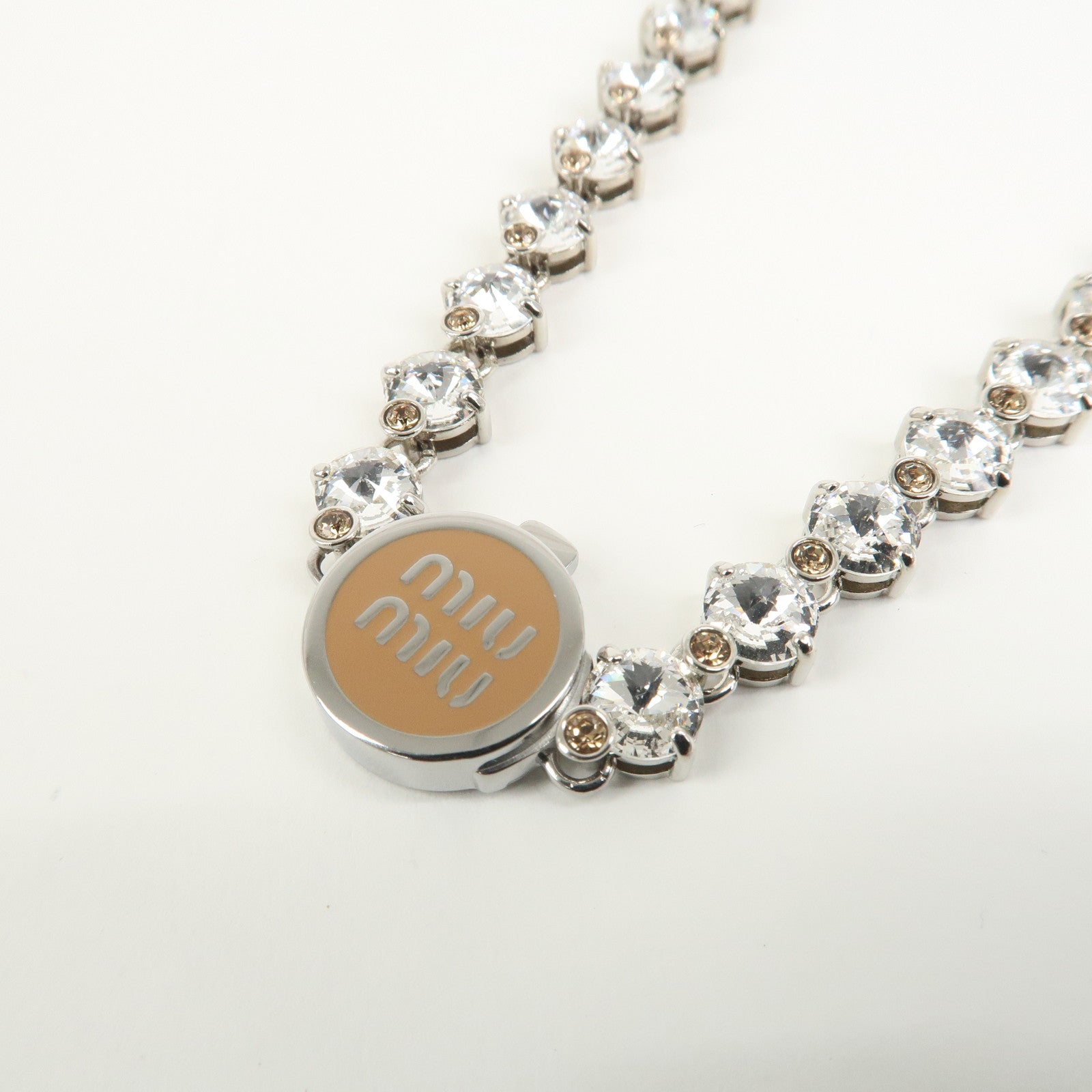 MIU MIU Logo Rhinestone Metal Necklace Choker Silver