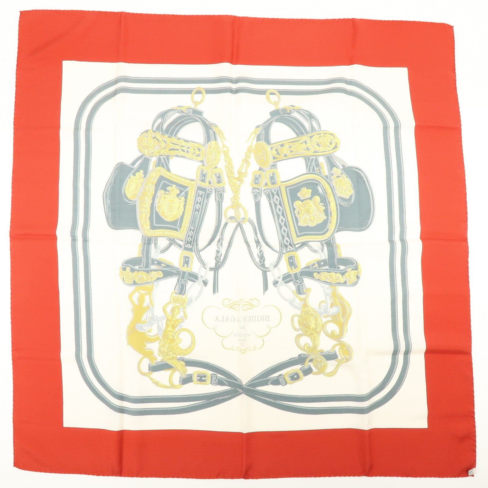 HERMES Carre 90 Silk 100% BRIDES DE GALA Scarf White Red