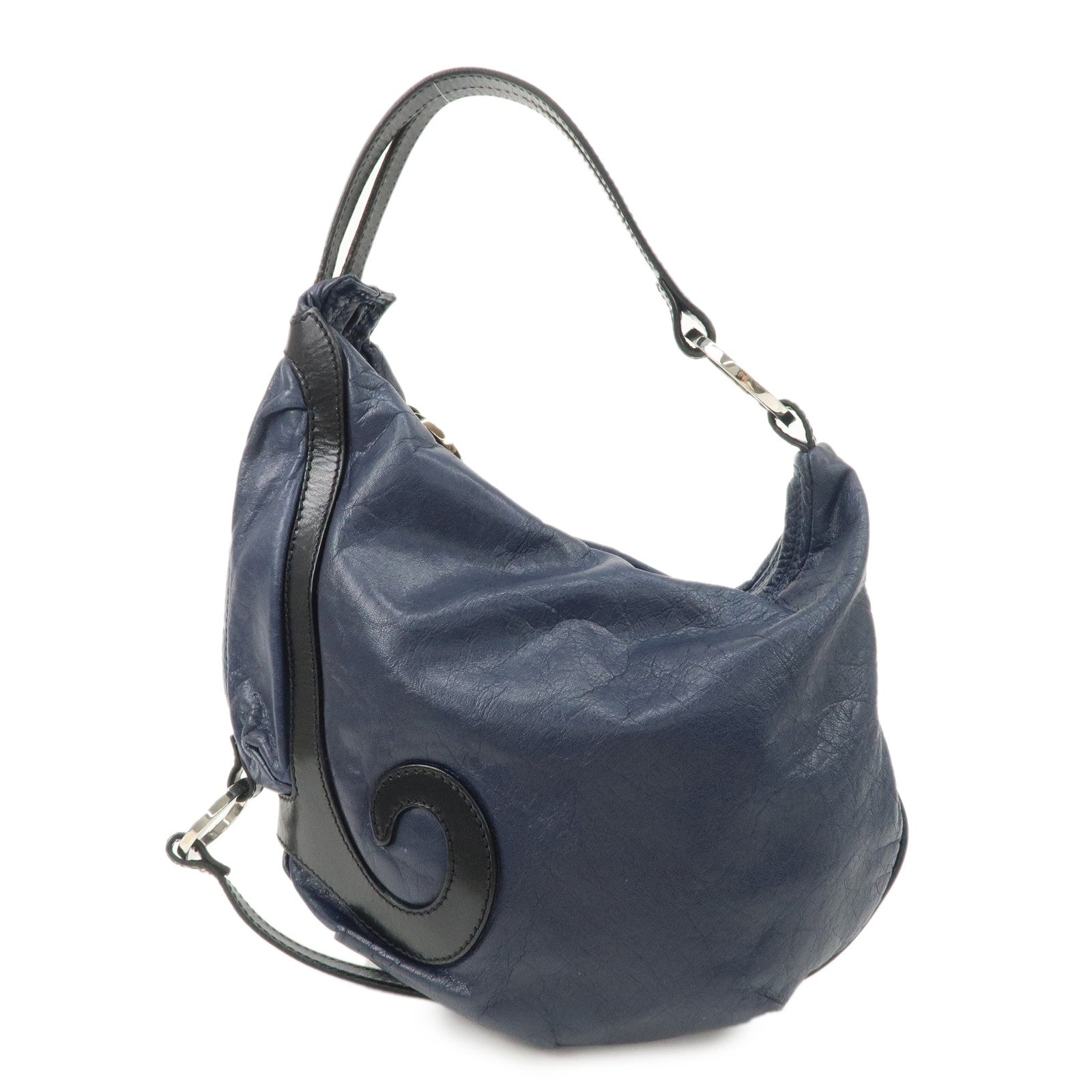 FENDI Leather Shoulder Bag Navy Black Silver HDW 8BR293 Used