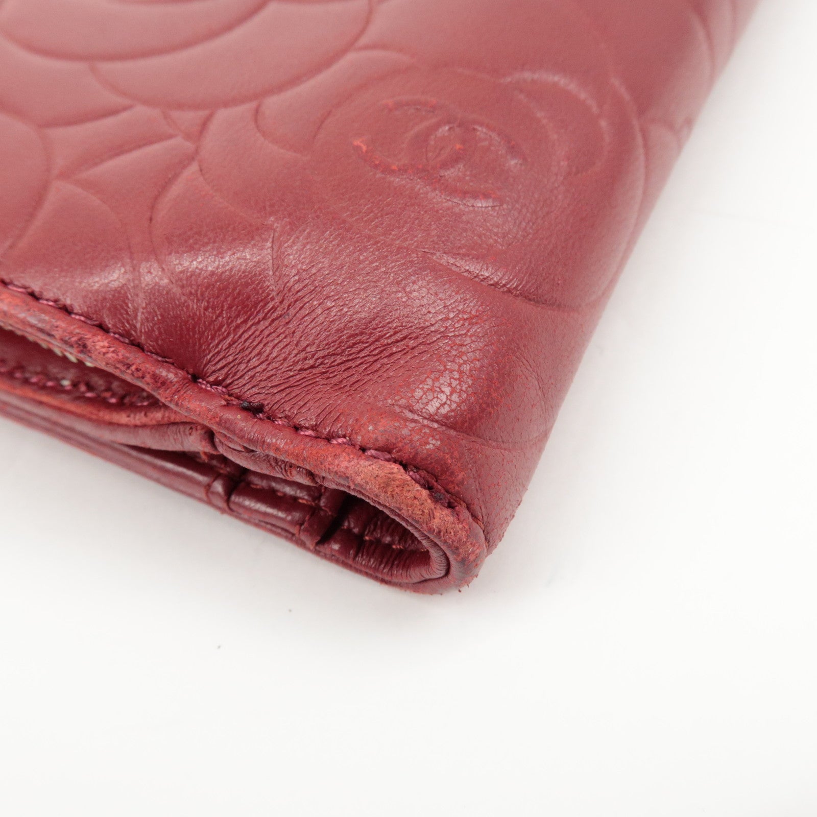 CHANEL COCO Mark Camelia Leather Bi-fold Wallet Red A50087 Used