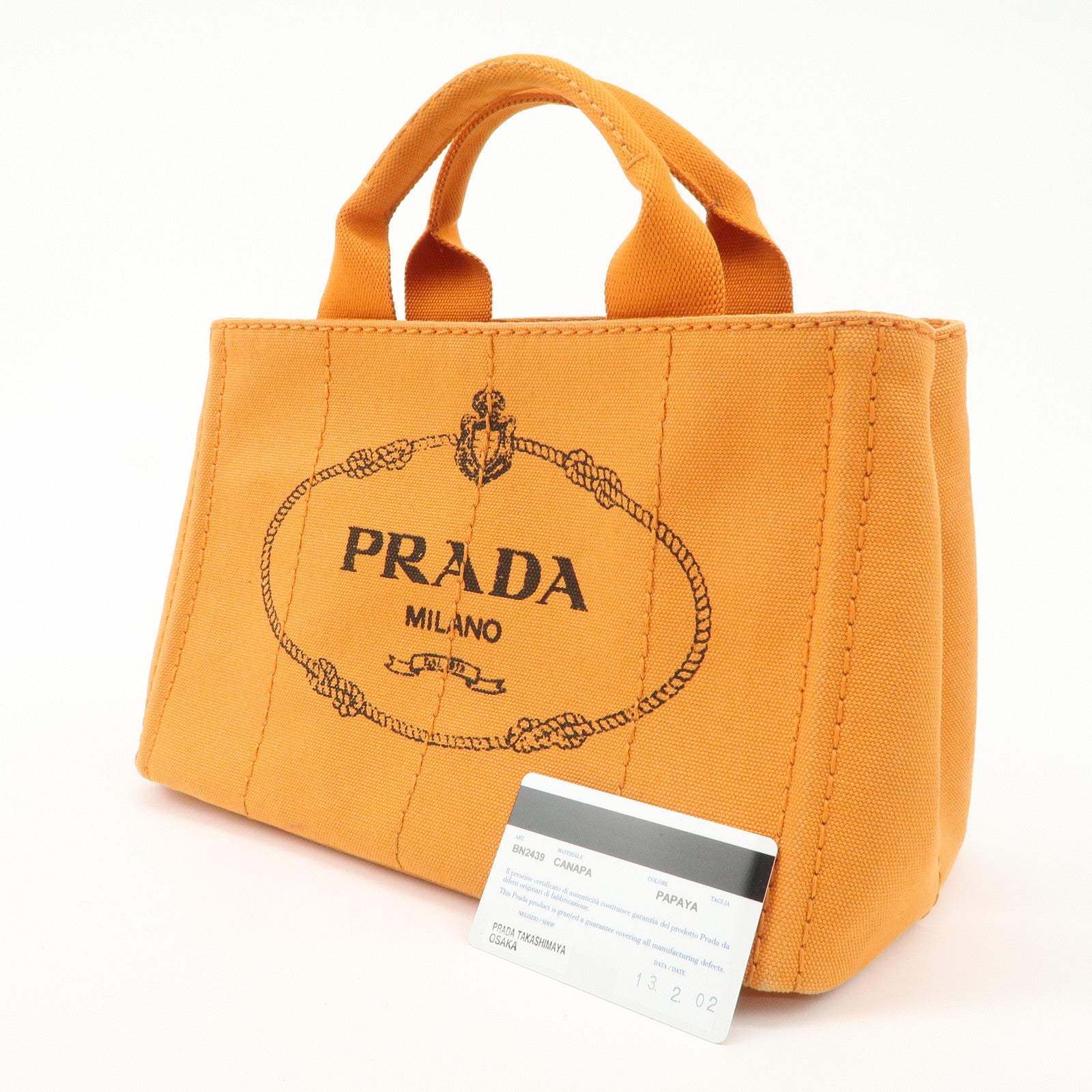 PRADA Logo Canapa Mini Canvas Tote Bag Hand Bag Orange BN2439