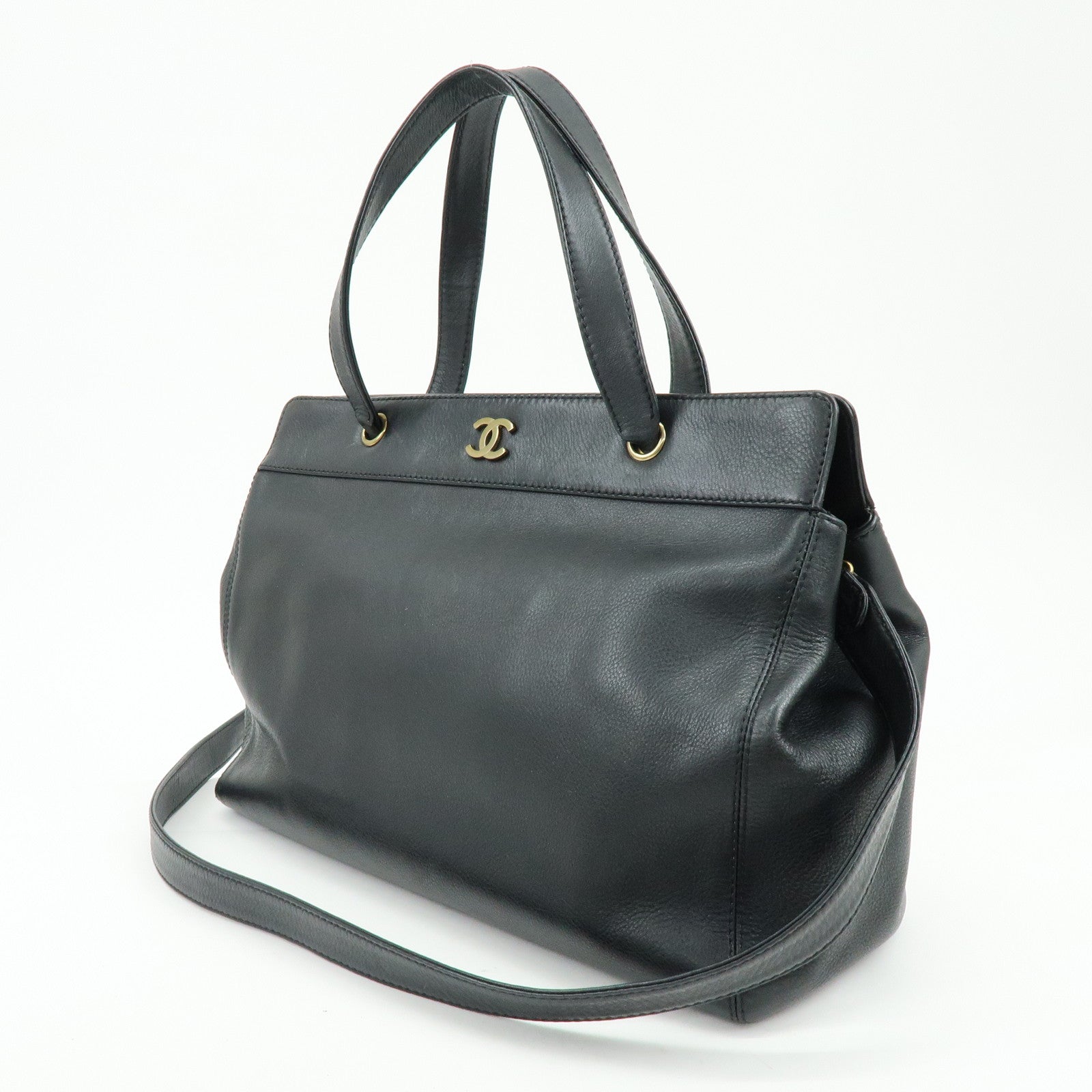 CHANEL Calf Leather 2Way Bag Shoulder Bag Tote Bag Black Gold