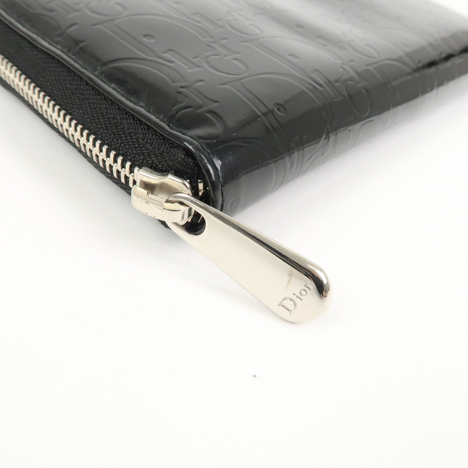 Christian Dior Trotter Patent Leather Round Zippy Long Wallet Black