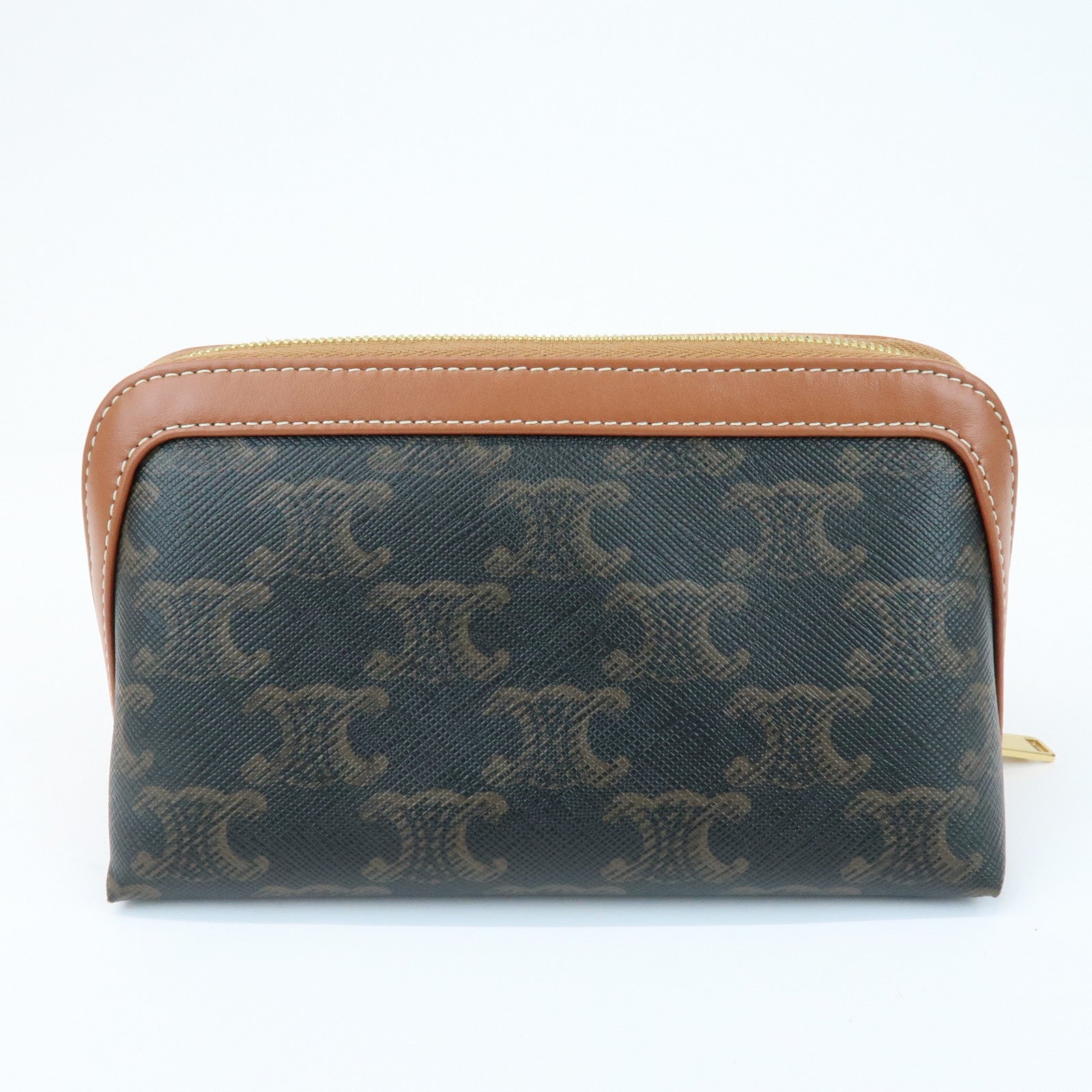 CELINE Triomphe PVC Calf Leather Cosmetic Pouch Accessory Pouch Tan
