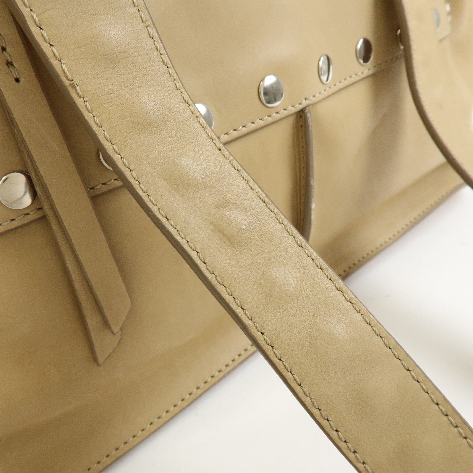 CELINE Leather Hand Bag Bowling Bag Beige Studs