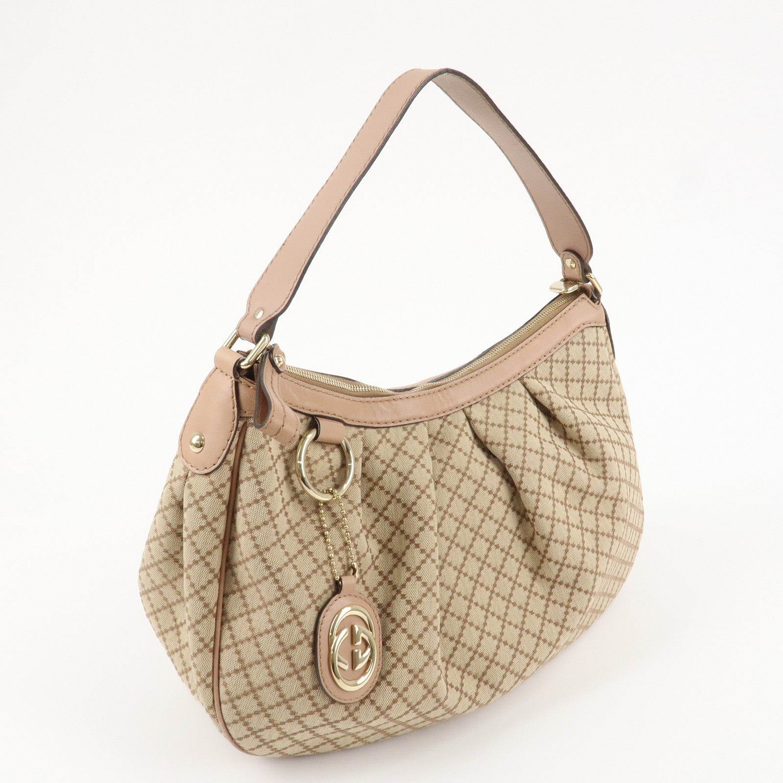 GUCCI Sukey Canvas Leather Shoulder Bag Beige Pink Gold HDW 232955 Used