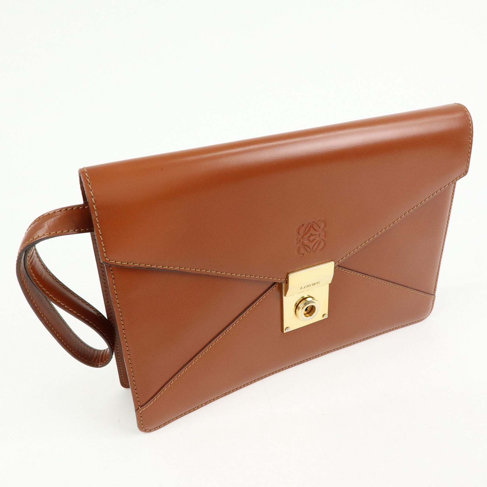 LOEWE Anagram Logo Leather Clutch Bag Wristlet Bag Brown