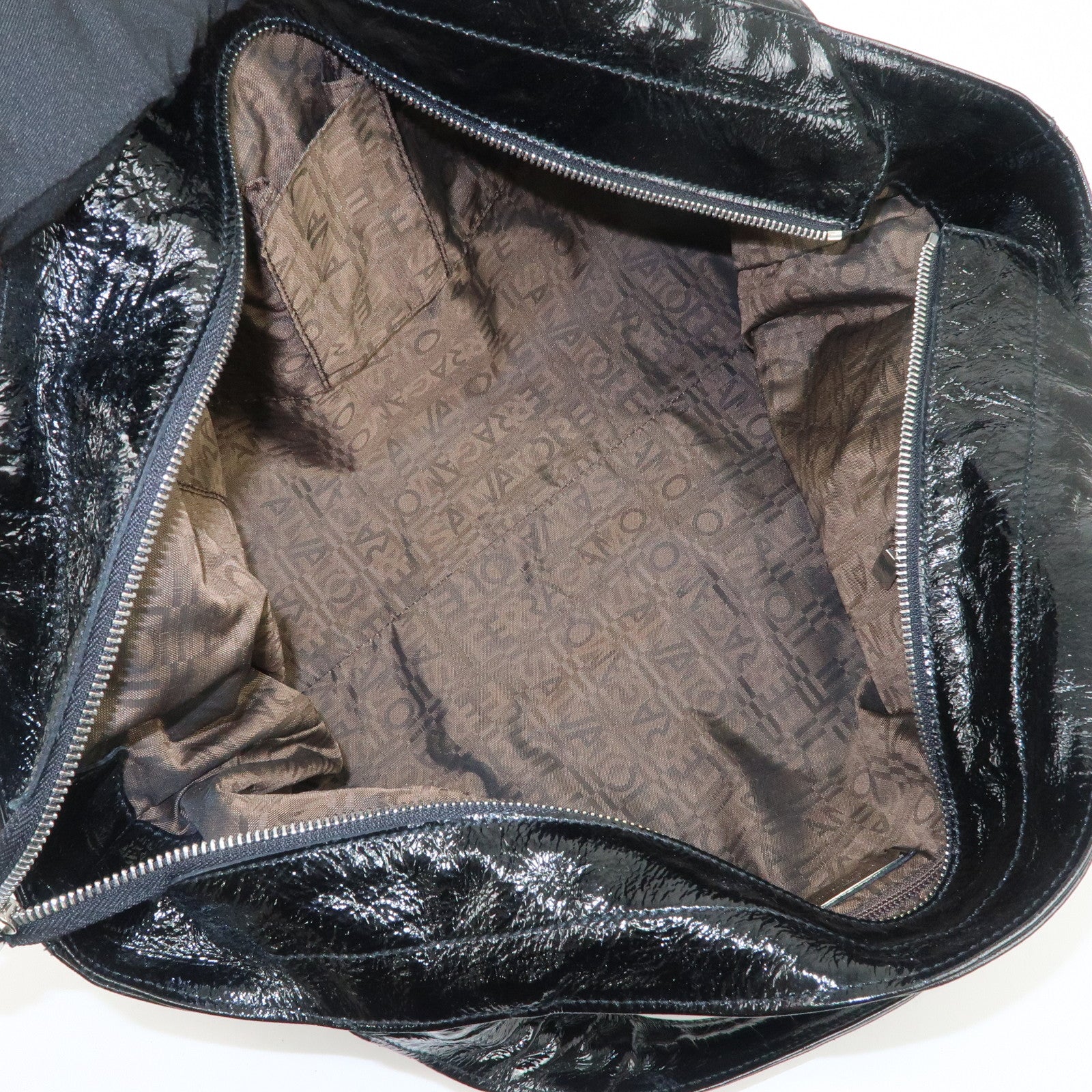 Ferragamo Gancini Logo Patent Leather Tote Bag Shoulder Bag Black