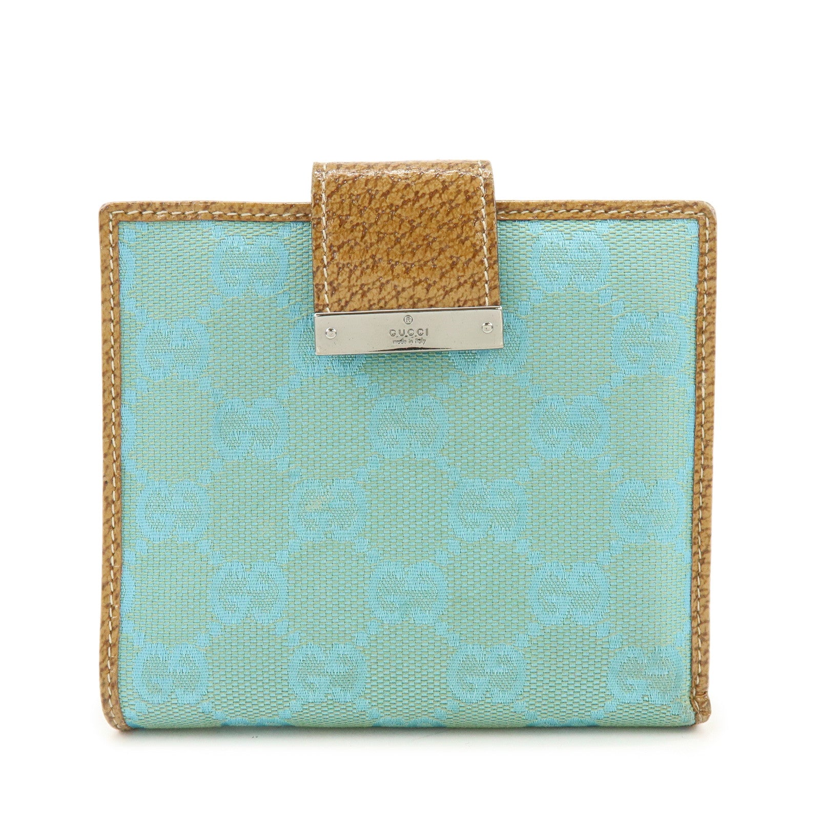 GUCCI GG Canvas Leather Compact Wallet Light Blue Brown 115090