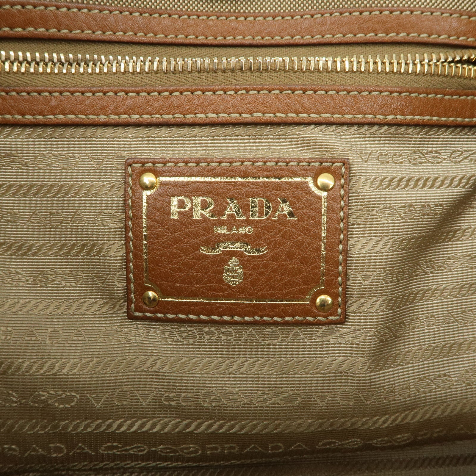PRADA Logo Jacquard Leather Ribbon 2Way Tote Bag Brown BN1841
