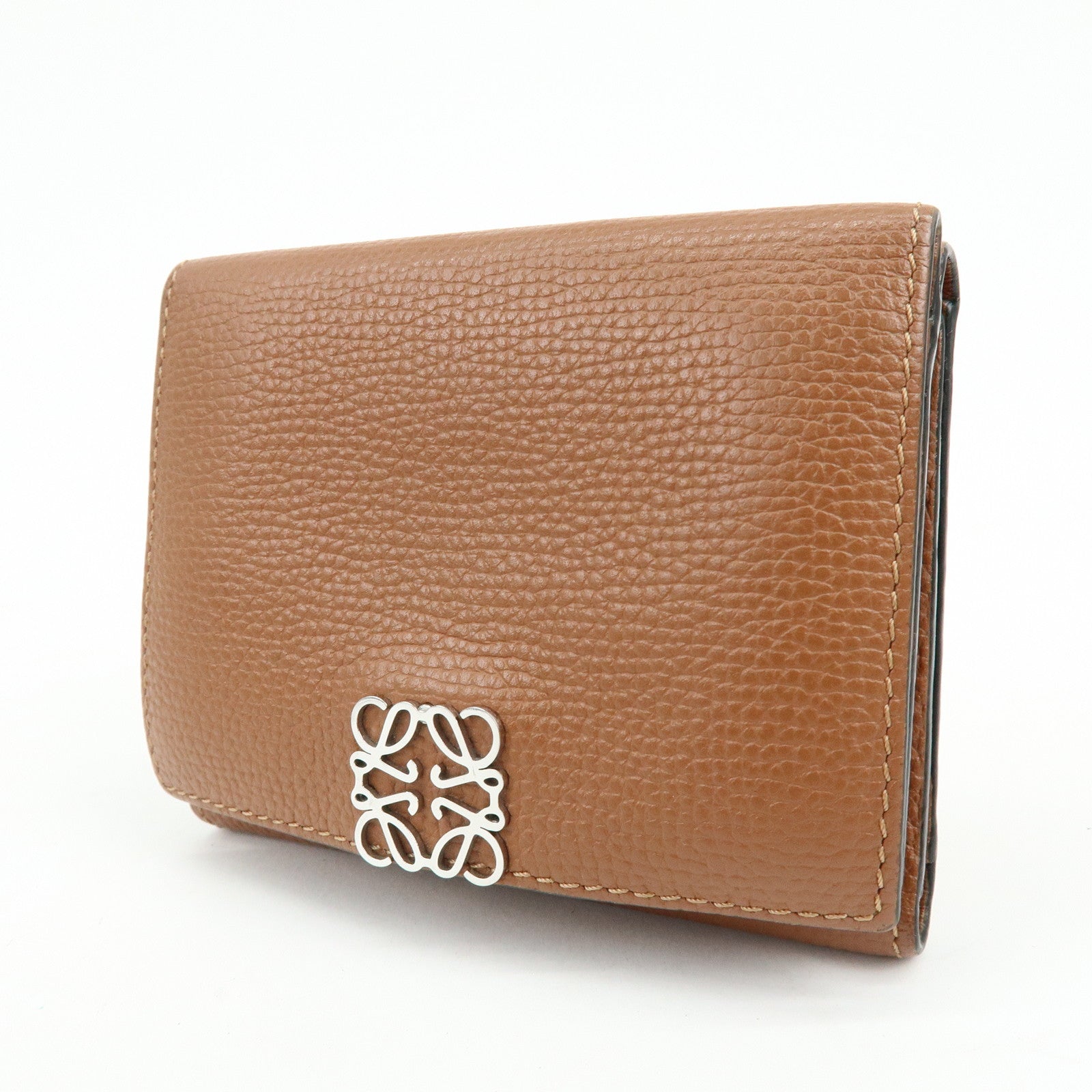 LOEWE Anagram Pebble Grained Calf Compact Tri-fold Wallet Camel