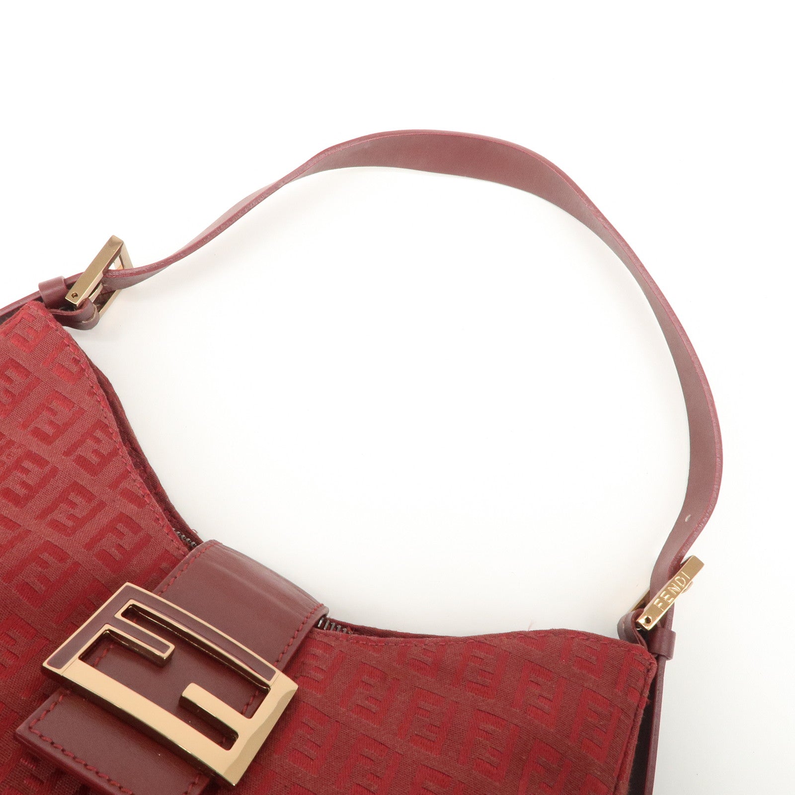 FENDI Zucchino Leather Canvas Shoulder Bag Hand Bag Red Used
