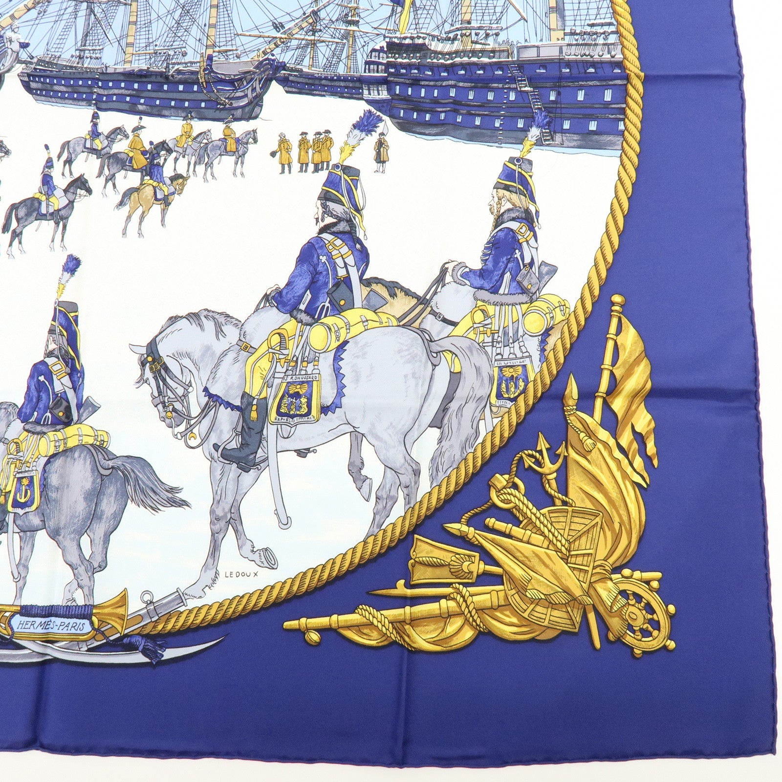 HERMES Carre 90 Silk 100% MARINE ET CAVALERIE Scarf Blue Navy