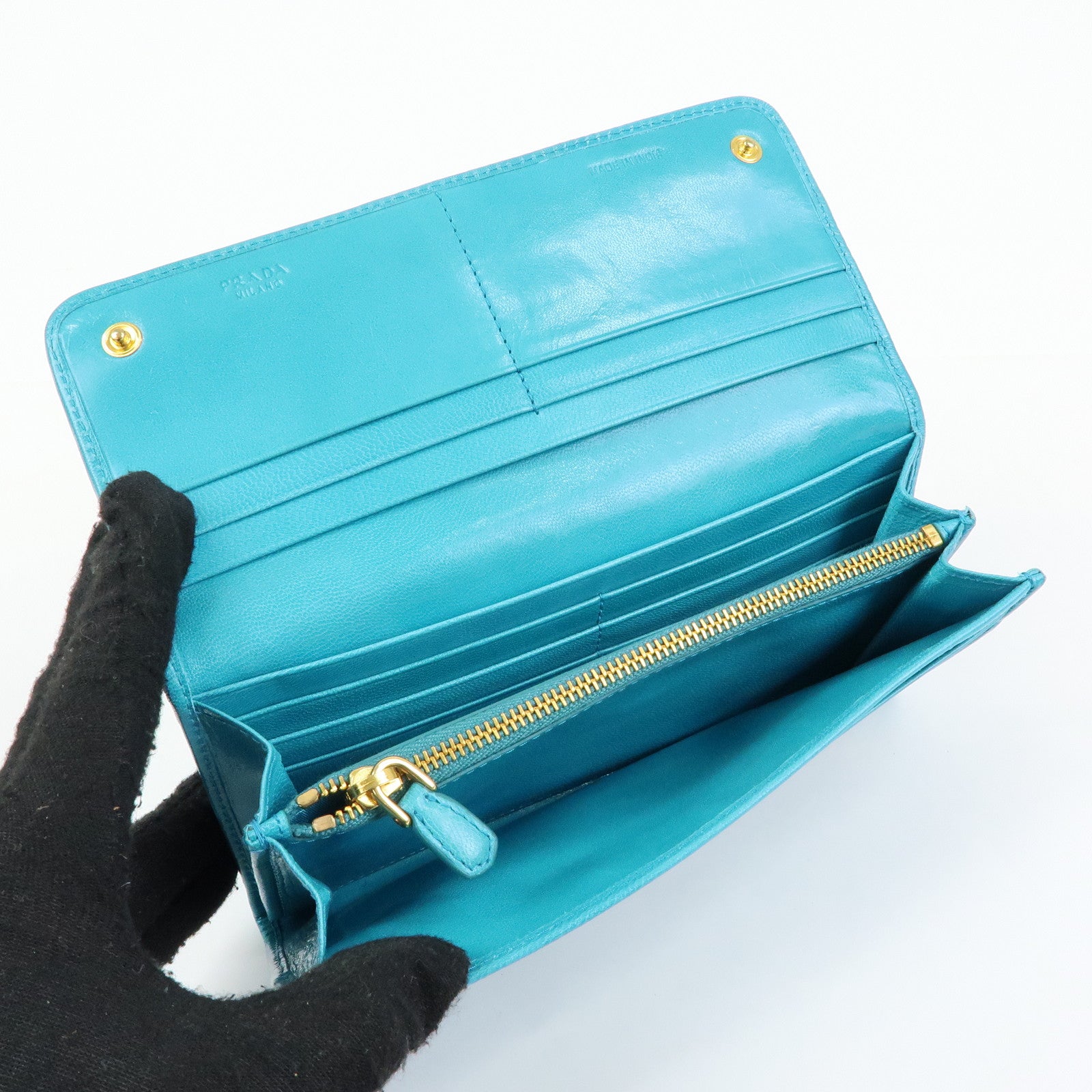 PRADA Triangle Logo Leather Long Wallet Blue Black