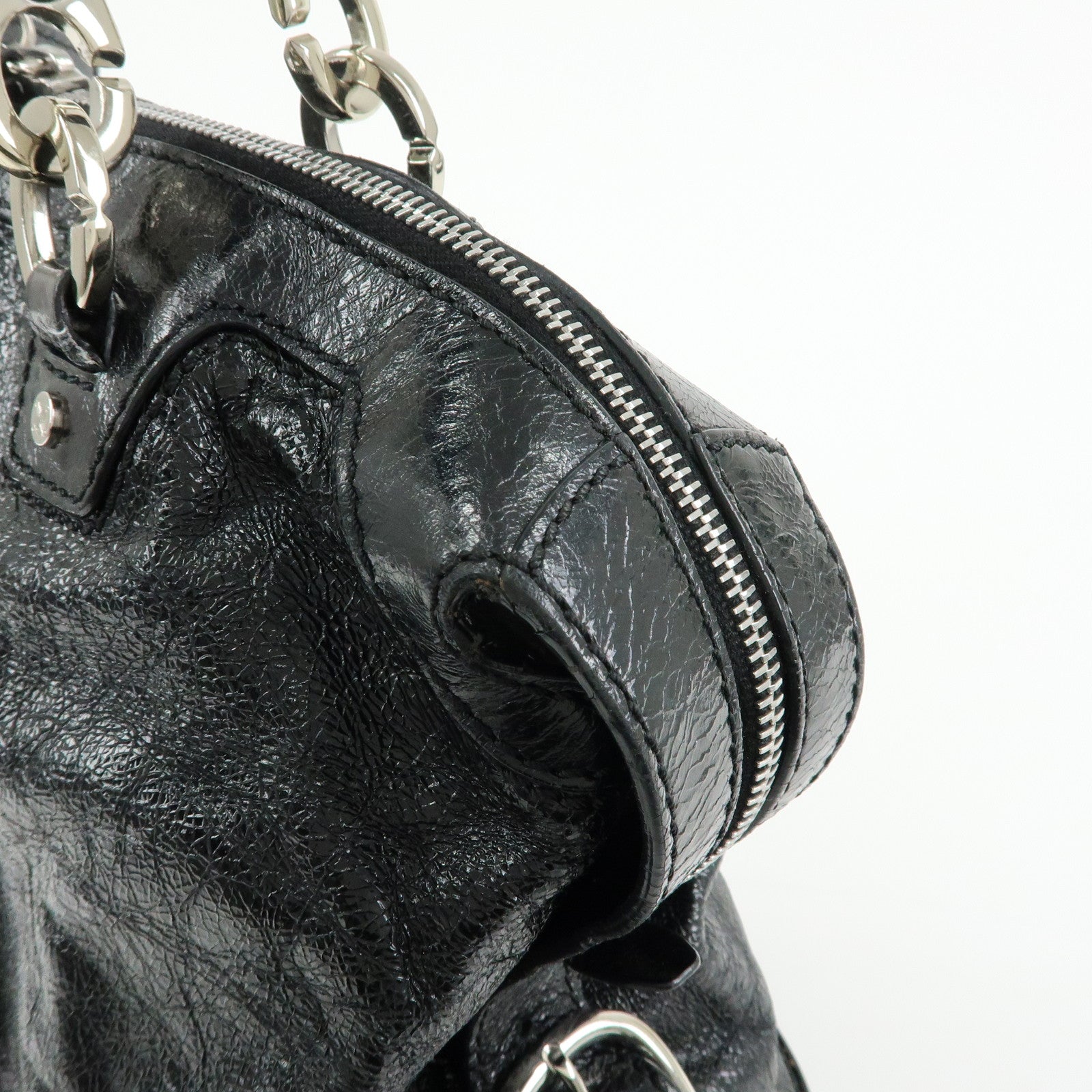 CELINE Patent Leather Macadam Stamped Boston Bag Hand Bag Black