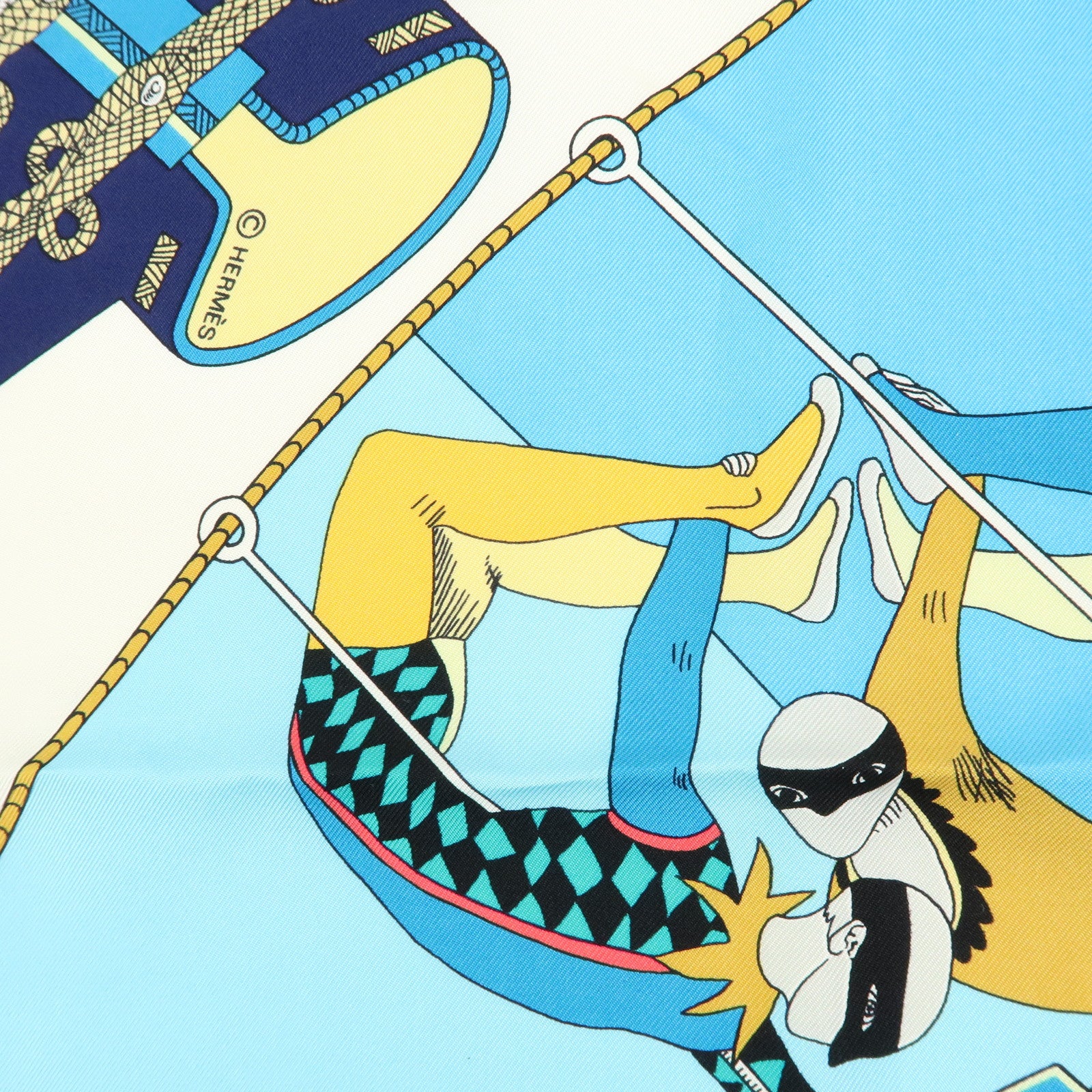HERMES Carre 90 Silk 100% Scarf Circus Blue Gold