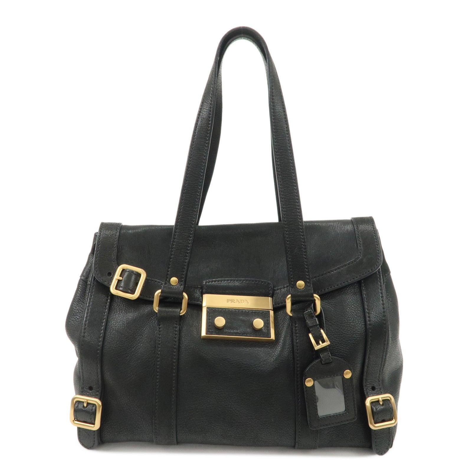 PRADA Leather Shoulder Bag Hand Bag Black BR3027 Used