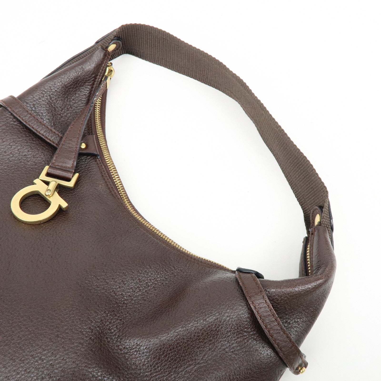 Ferragamo Gancini Leather Shoulder Bag Hand Bag Brown