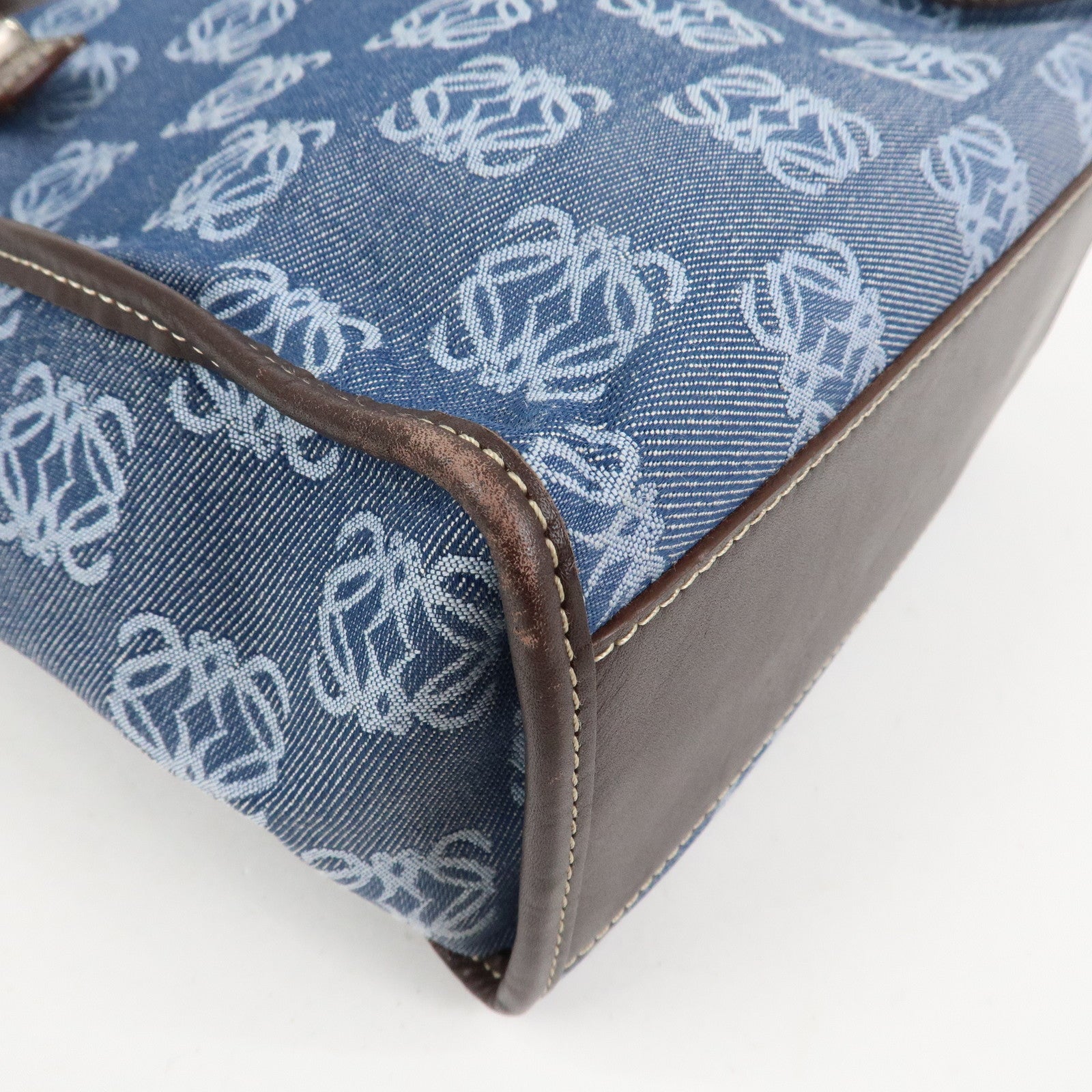 LOEWE Repeat Anagram Canvas Leather Tote Bag Hand Bag Blue Brown