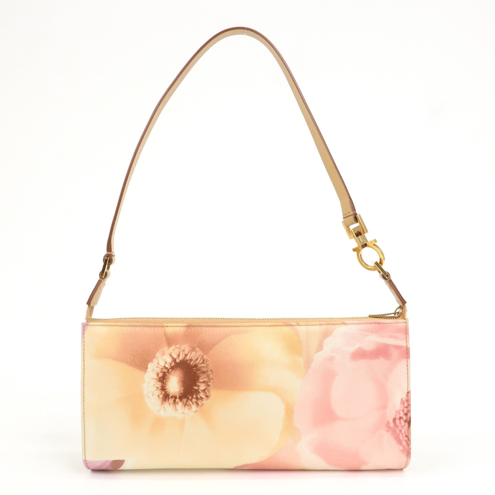 Ferragamo Gancini Nylon Leather Shoulder Bag Hand Bag Flower Pink