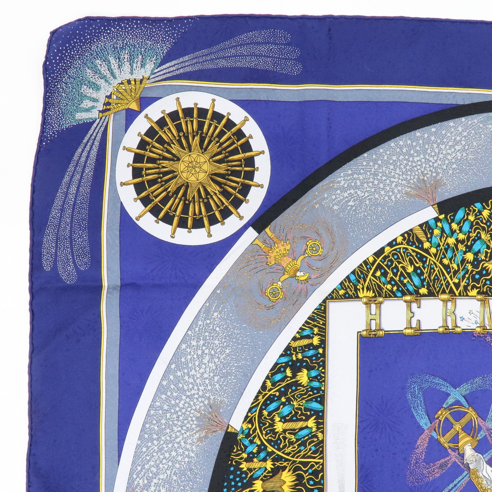 HERMES Carre 90 Silk 100% Scarf FEUX D’ARTIFICE Blue