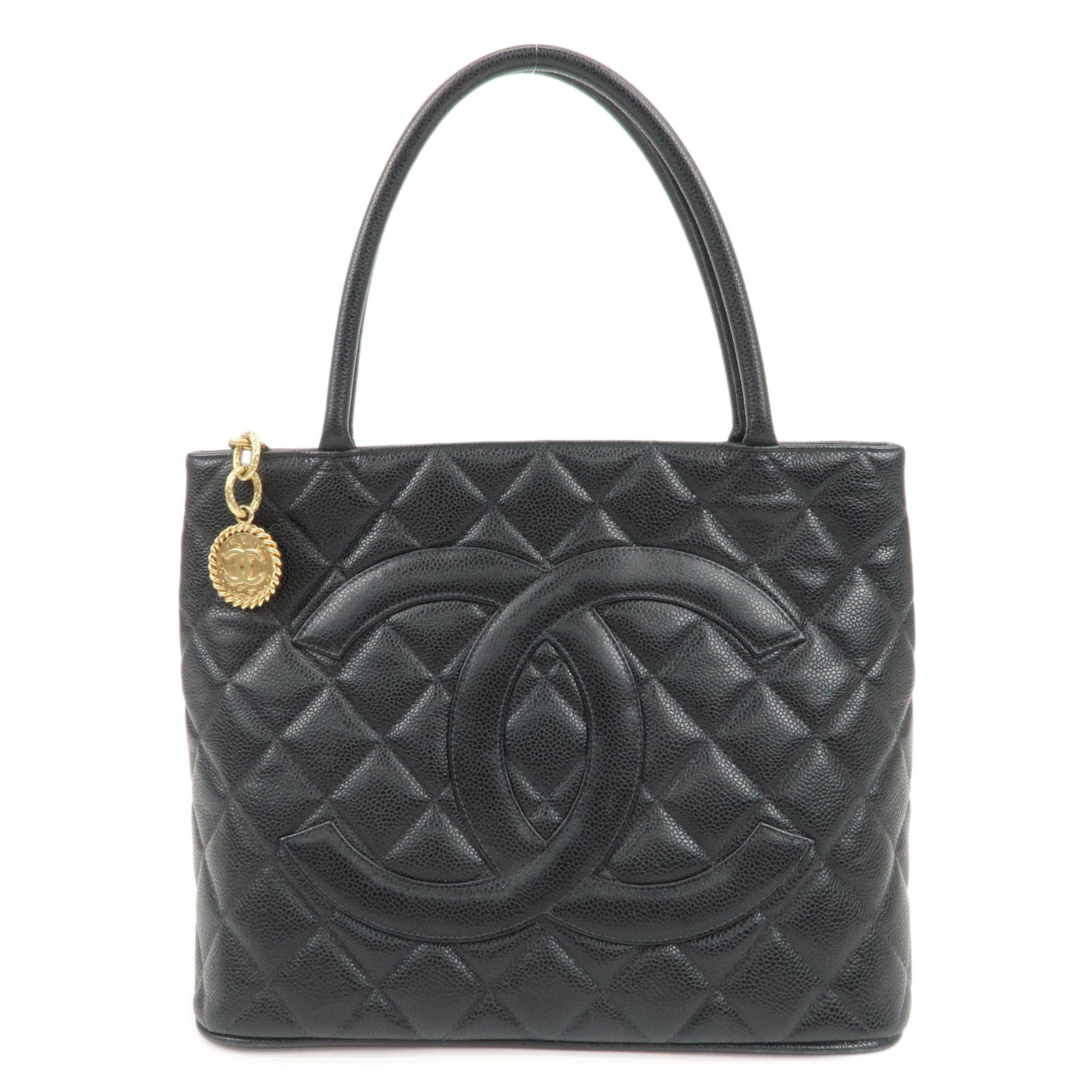 CHANEL Matelasse Caviarskin Medalion Tote Bag Hand Bag Black A01804 Used