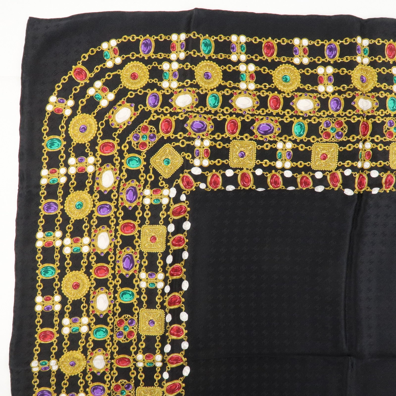 CHANEL COCO Mark Silk 100 % Jewelry Pattern Scarf Black Multi Color Used