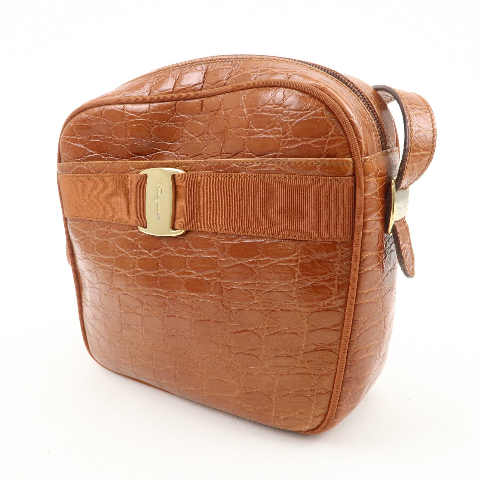 Ferragamo Vara Emboss Leather Shoulder Bag Crossbody Bag Brown