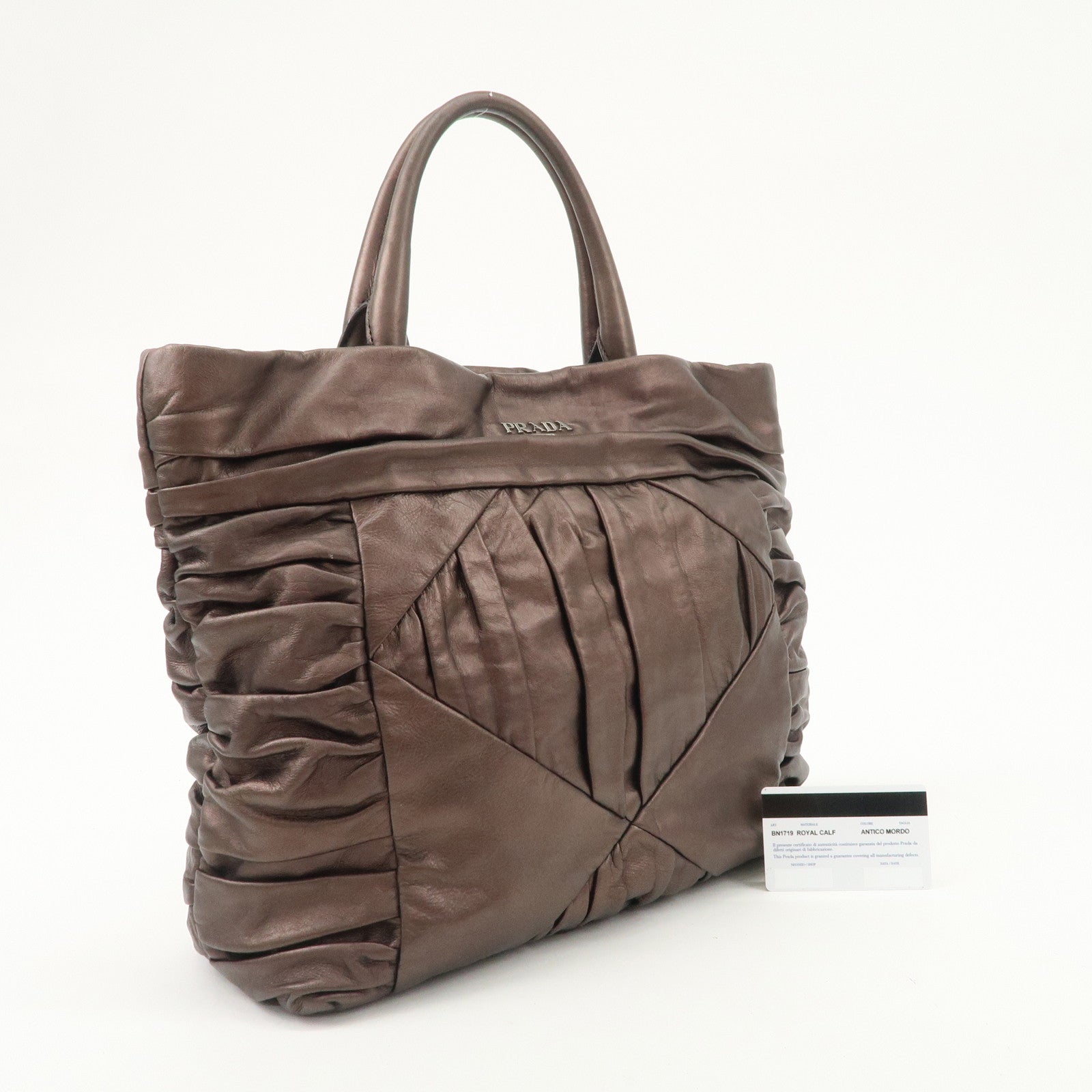 Prada Gathered Leather Tote Bag Hand Bag Bronze Silver HDW BN1719 Used