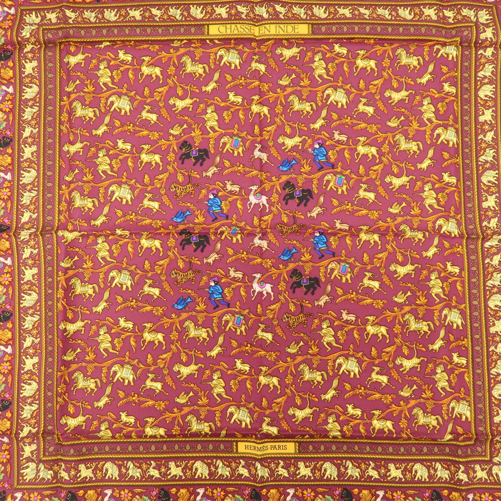 HERMES Carre 90 Silk 100% Scarf CHASSE EN INDE Bordeaux