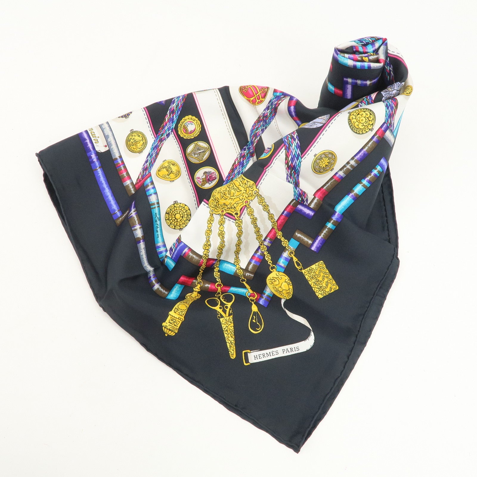 HERMES Carre 90 Silk 100% Scarf Petite main Black White Multicolor