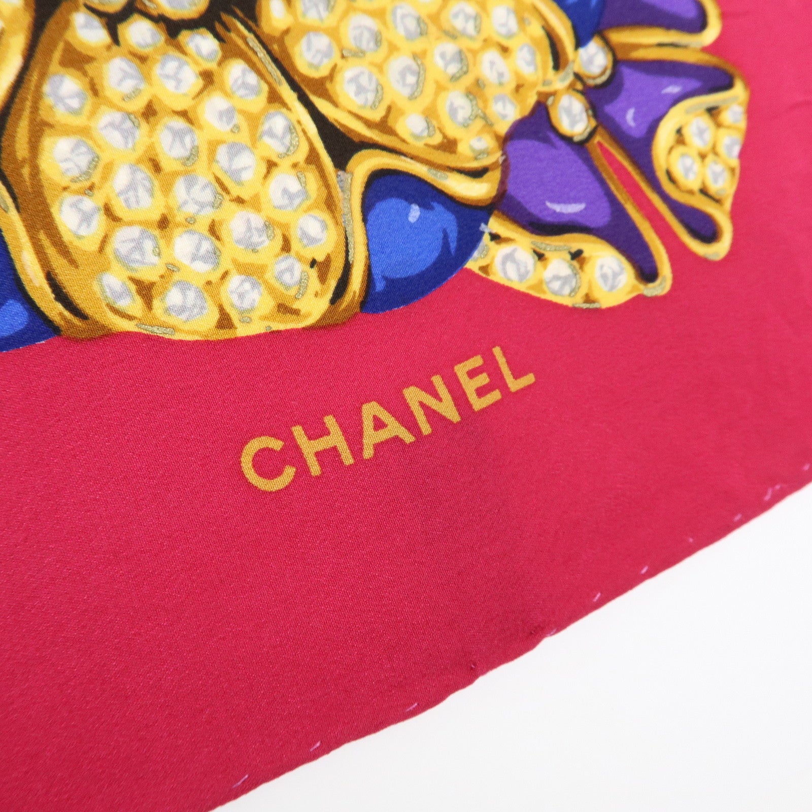 CHANEL Silk 100% Flower Jewelry Motif Scarf Pink Gold
