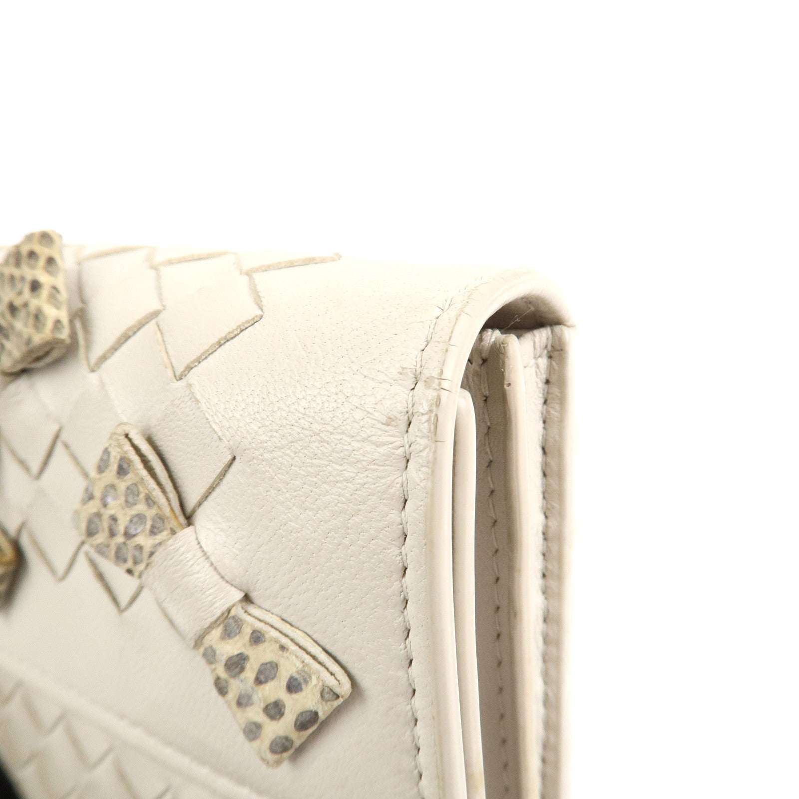 BOTTEGA VENETA Intrecciato Leather Long Wallet Ribbon Ivory Used