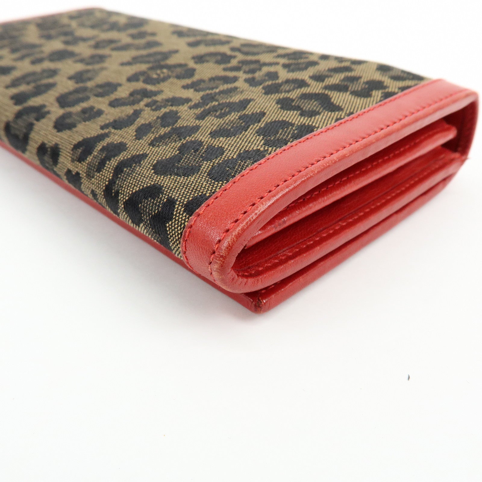 FENDI Zucca Canvas Leather Long Wallet Leopard Brown Red 30851