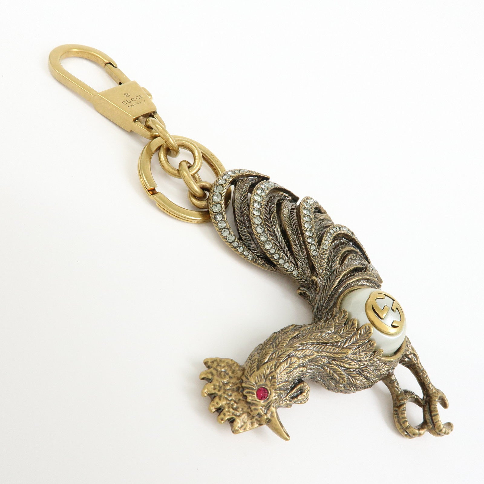 GUCCI Interlocking G Metal Rhinestone Faux Pearl Bag Charm Gold