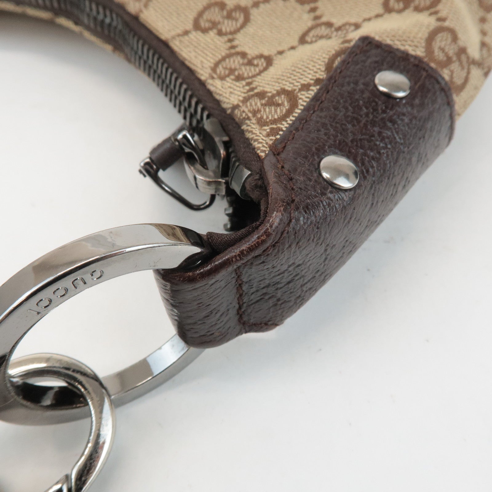 GUCCI GG Canvas Leather Shoulder Bag Hand Bag Beige Dark Brown 115002 Used