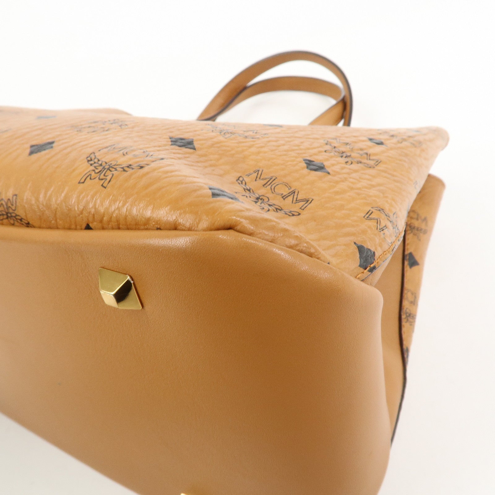 MCM Visetos PVC Leather 2Way Bag Hand Shoulder Bag Studs Cognac