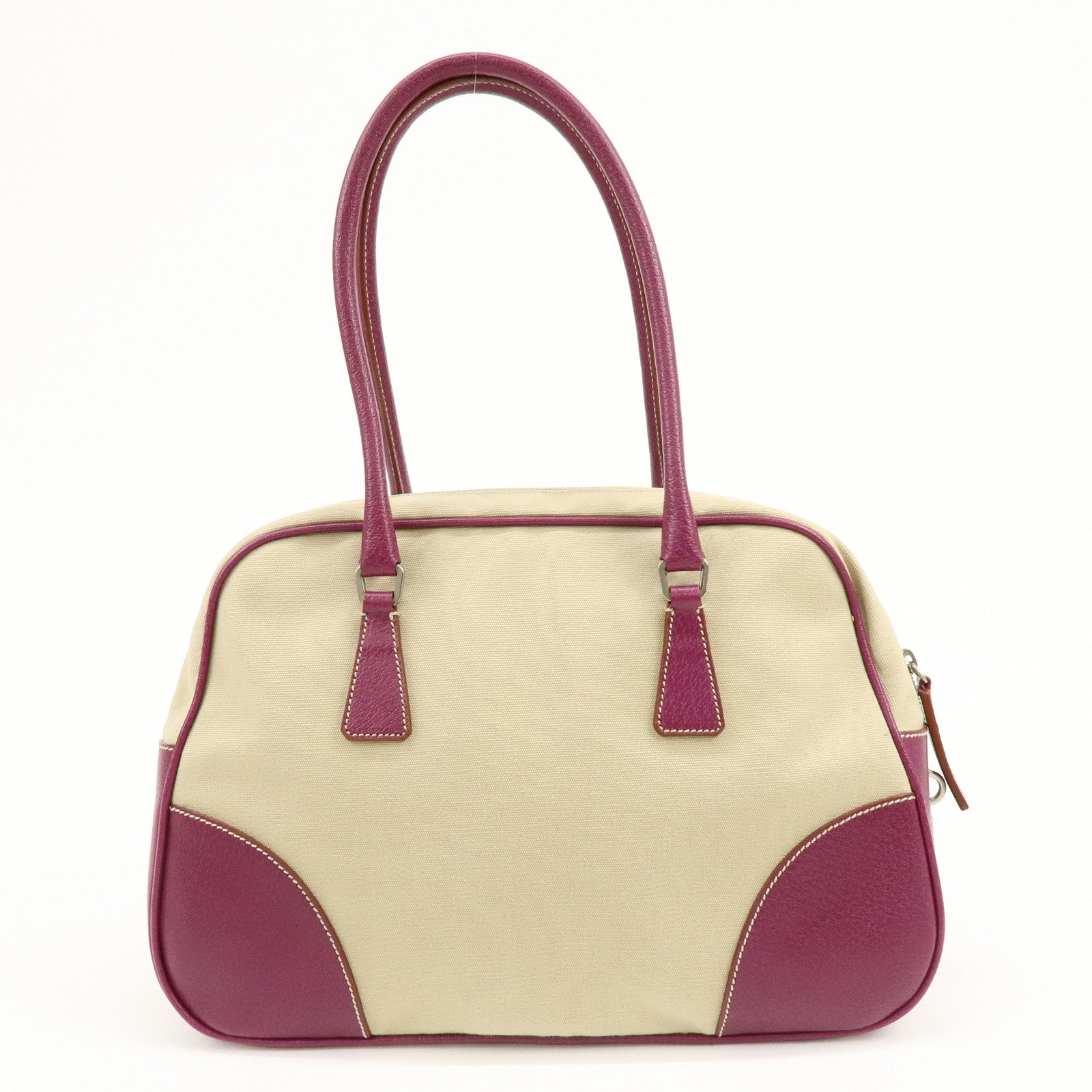 PRADA Triangle Logo Canvas Leather Bowling Bag Natural Purple