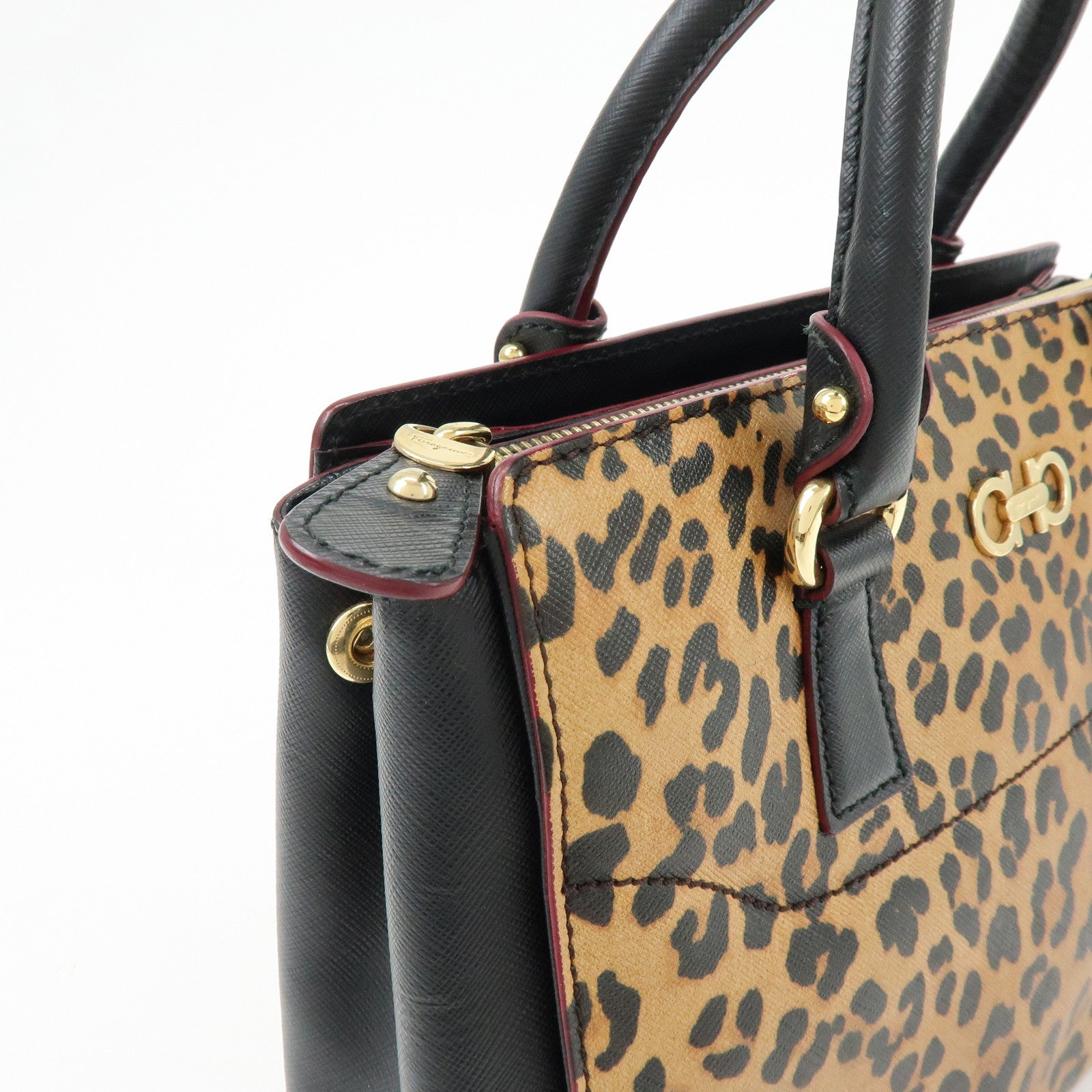Ferragamo Gancini Leather 2Way Bag Hand Bag Leopard Motif Black