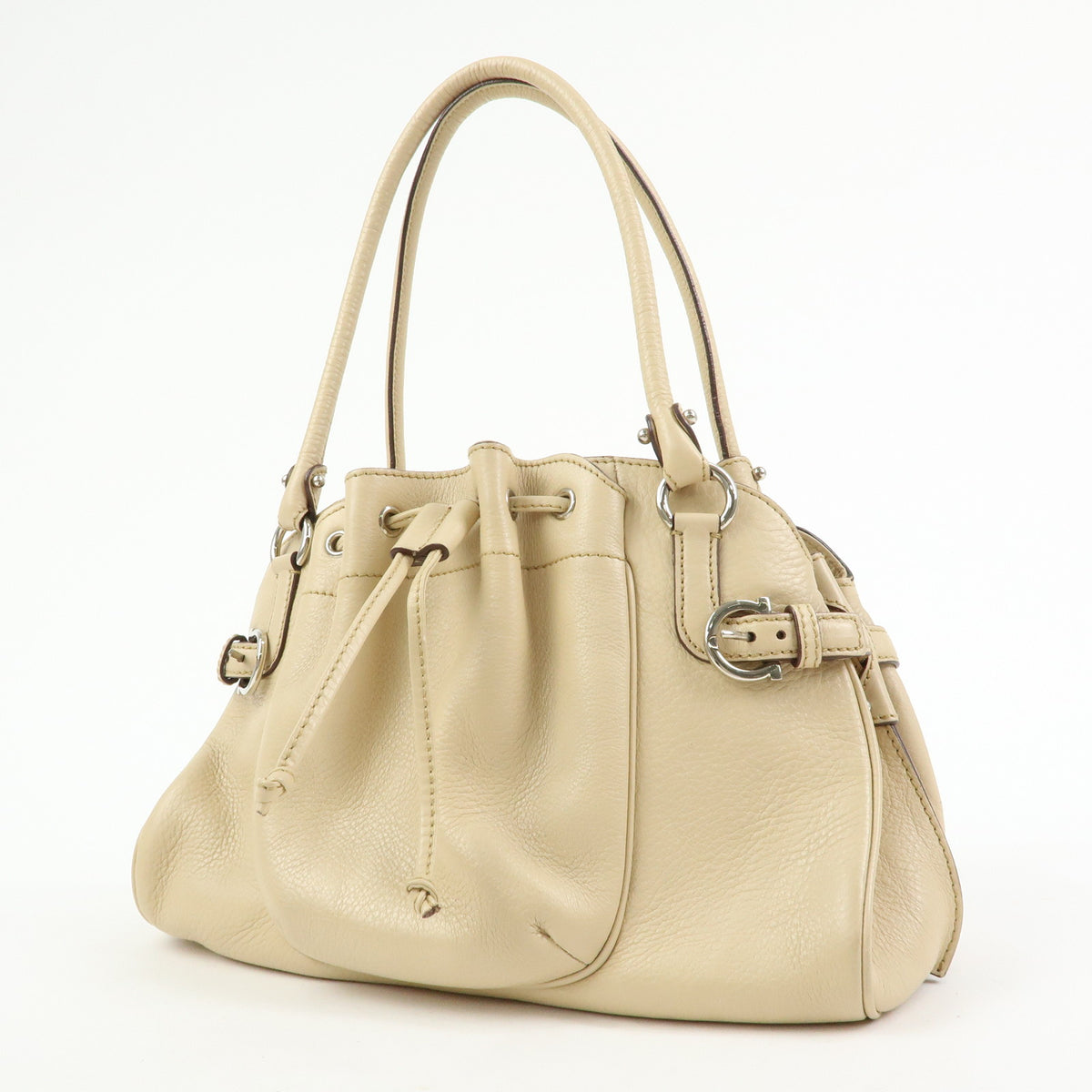 Ferragamo Gancini Leather Drawstring Shoulder Bag Hand Bag Beige