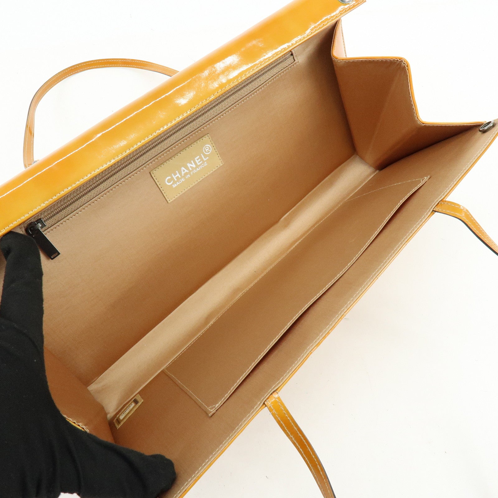 CHANEL Chocolate Bar Patent Leather Shoulder Bag Hand Bag Orange