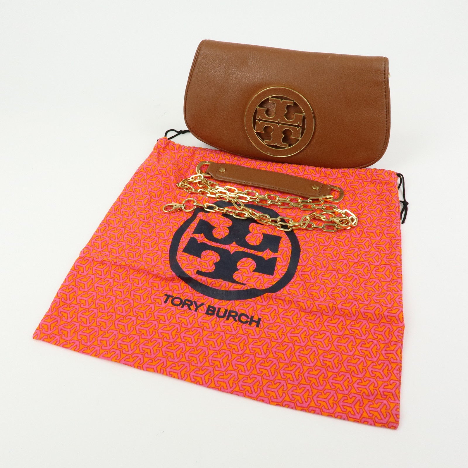 TORY BURCH Leather Flap Shoulder Bag Crossbody Bag Clutch Brown